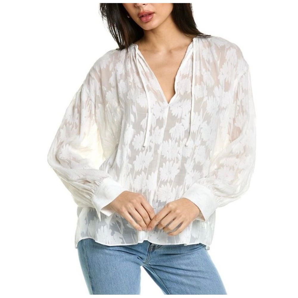 Vince Floral Burnout Silk Blend Blouse Sheer Tie Neck‎ Off White XS